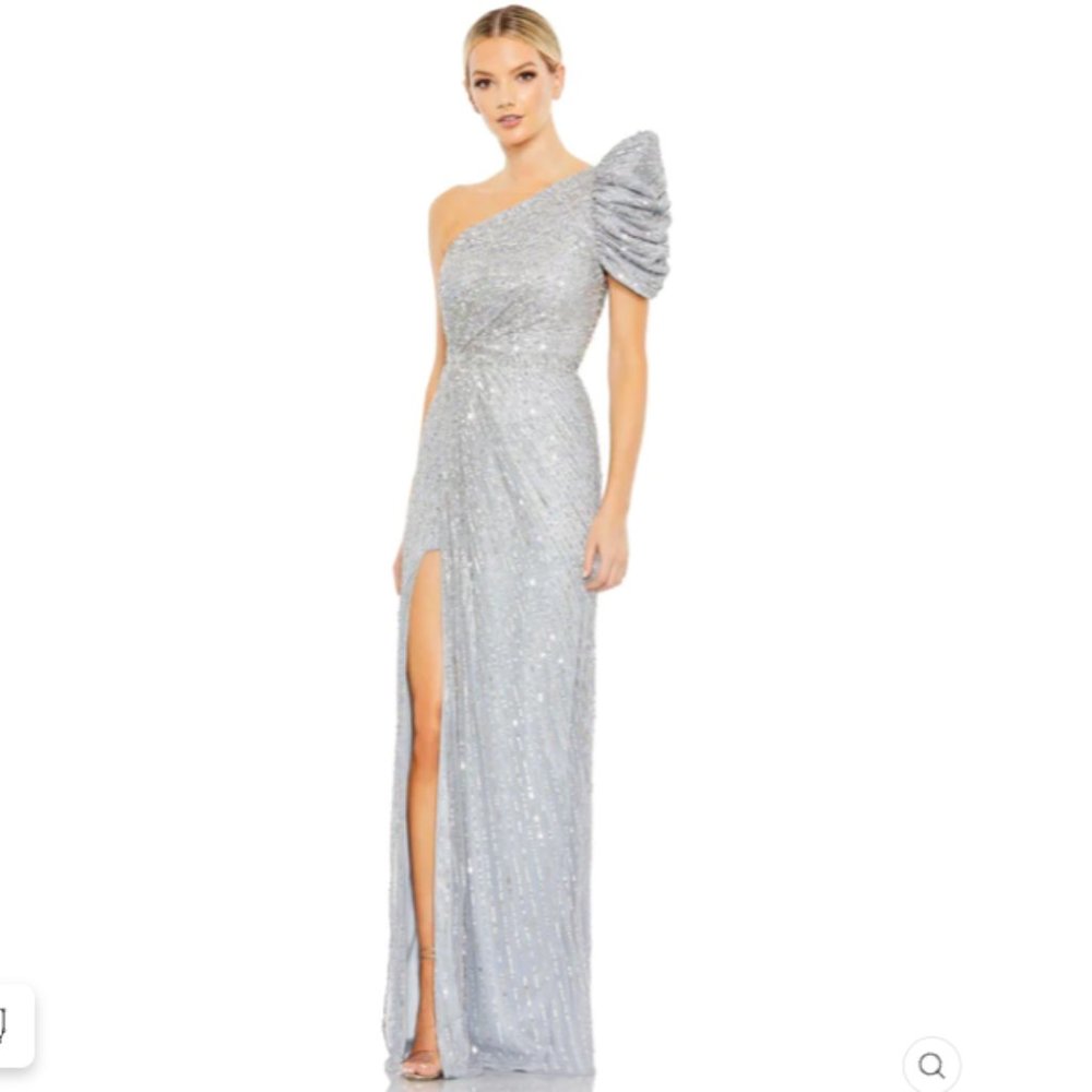 EMBELLISHED PUFF ONE SHOULDER GOWN Size 10 COLOR — Silver New With Tags